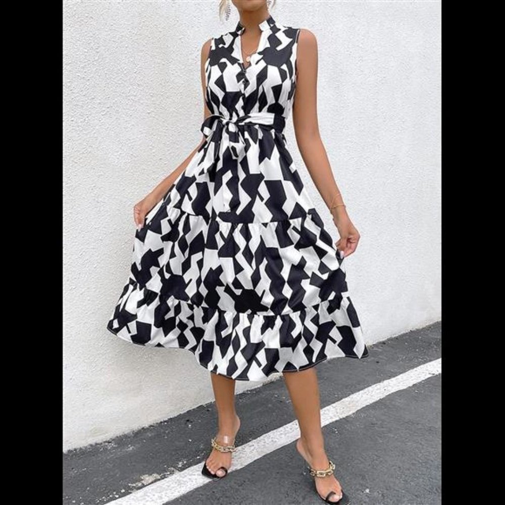 Women's V Neck Sleeveless High Rise A-Line Dress - Picture 11 of 14